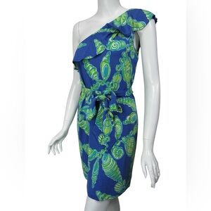 LILLY PULITZER Robyn Blue Lime Silk Cotton Jersey Ruffle One Shoulder Dress